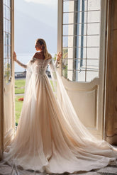 Champagne Tulle Wedding Dress With Lace Off-the-Shoulder
